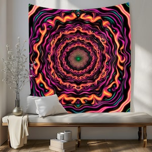 May include: A psychedelic tapestry with a circular pattern of orange, pink, and blue waves. The center of the pattern is a green and black swirl.