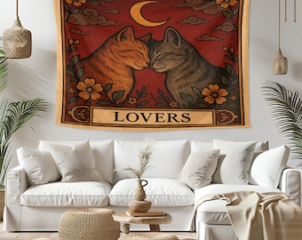 Lovers Cat Tapestry – Gothic Moon & Floral Wall Hanging