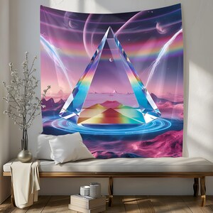 May include: A tapestry depicting a large, iridescent, triangular prism in a futuristic landscape. The prism is surrounded by a glowing blue ring and a pink and purple sky with clouds.