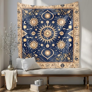 Celestial Sun & Moon Tapestry, Mystical Anatolian Wall Hanging, Deep Blue Beige Gold Decor, Ancient Sacred Patterns , Tapestry For Room
