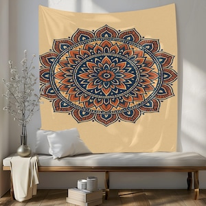Beige Boho Mandala Tapestry with Blue and Orange Lotus Design – Wall Hanging for Bedroom, Living Room, Yoga or Dorm Decor
