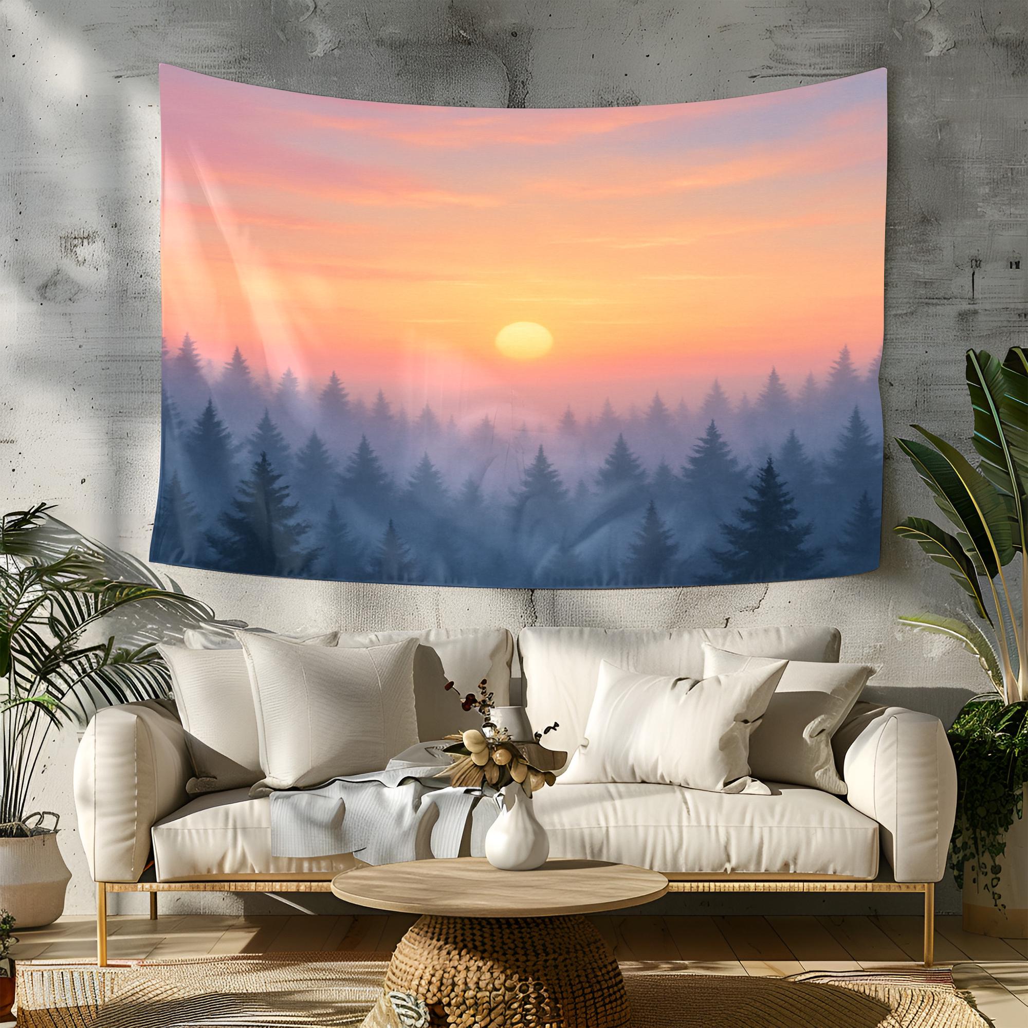 Sunrise Forest Landscape Tapestry with Misty Pine Trees and Pastel Sky – Tranquil Nature Wall Art for Boho Home and Bedroom Decor