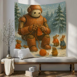 森の動物たちを描いたロボット編みタペストリー、心地よい冬の壁アート、子供部屋用の気まぐれなウサギの装飾、SFファンタジー愛好家へのギフト