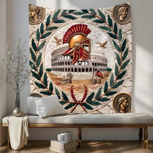 Puede incluir: Un tapiz con un diseño de mosaico con un casco romano, un Coliseo y coronas de laurel. El mosaico está hecho de pequeñas baldosas de colores.