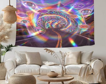 Puede incluir: Un tapiz psicodélico que presenta un camino que conduce a un túnel de formas geométricas y colores arcoíris. El diseño incluye ojos y labios flotantes, creando una imagen surrealista y artística. Una pieza de decoración mural única.