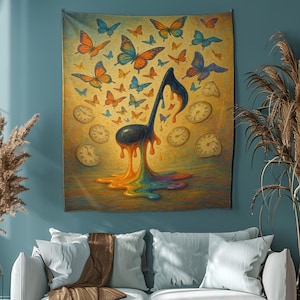 May include: A tapestry featuring a colorful, abstract musical note dripping with paint. The note is surrounded by butterflies and clocks, creating a whimsical and surreal design.