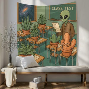 Außerirdischer Lehrer Klassenzimmer Wandteppich mit Pflanzen Studenten, lustige Galaxie Wandkunst für Wohnheim, Sci Fi botanische Dekoration, Weltraum Geschenk für Pflanzenliebhaber