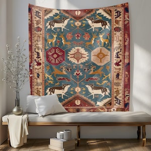 May include: A tapestry with a blue background and intricate patterns in red, white, and gold. The tapestry features stylized animals, including deer and wolves, and geometric designs.