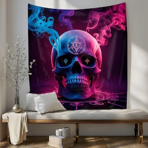 May include: A tapestry depicting a neon blue and pink skull with a geometric symbol on its forehead. The skull is surrounded by swirling smoke and a glowing circle.