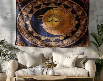 Celestial Sun & Moon Mandala Tapestry: Indian Meditation Decor