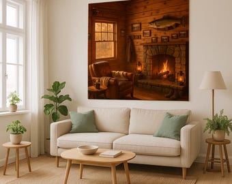 Rustic Cabin Tapestry: Cozy Fireplace, Fishing Lodge Wall Art
