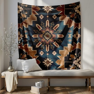 Turkish Seljuk Rug Tapestry, Symmetrical Geometric Wall Hanging, Eight-Pointed Star Design, Deep Turquoise Gold Decor,Turkish Rug Tapestry