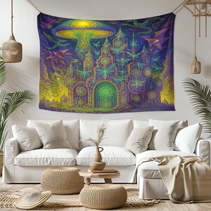 May include: A tapestry featuring a psychedelic design with a large mushroom at the top, a castle-like structure, and various geometric shapes. The color palette includes shades of purple, green, yellow, and blue. The tapestry is hanging on a white wall.