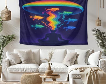 Psychedelic Meditation Tapestry: Rainbow Mind Art, Trippy Boho Decor