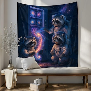 アライグマ宇宙飛行士タペストリー 銀河自動販売機 ウォールアート 寮用面白い宇宙装飾 SF 愛好家への宇宙動物ポスターギフト