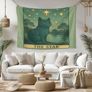 Tapisserie de chat étoilé - Art mural tarot céleste, tapisserie de chat mystique pour décoration bohème, spirituelle ou de dortoir, tapisserie de chat de tarot