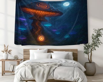 Bioluminescent Mushroom Tapestry, Fantasy Forest Scene, Psychedelic Art