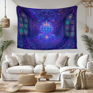 Psychedelic Wall Tapestry – Trippy Spiritual Art, Cosmic Meditation Decor, Visionary 3-Headed Deity Wall Hanging, Boho Room Aesthetic, Dorm