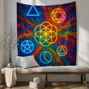 Neon Sacred Geometry Wall Tapestry, Psychedelic Trippy Room Decor, Spiritual Symbols Art, Colorful Boho Space Gift For Him Or Her