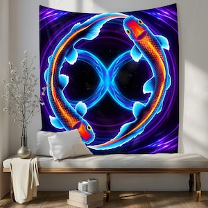 May include: A tapestry featuring two colorful koi fish swimming in a circle against a dark blue background with purple and blue glowing lights. The fish are orange, red, and blue.