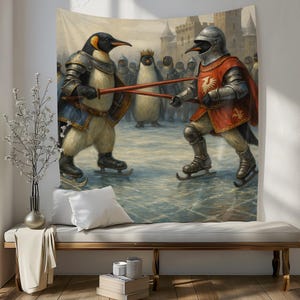 中世のペンギンの馬上槍試合のタペストリー、ゲームルームや寮用の面白い動物の壁アート、氷の戦いの装飾、ペンギンや歴史ファンへのユニークなギフト