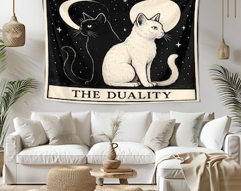 The Duality Cat Tapestry – Yin Yang Cat Wall Art, Black and White Cat Decor, Mystical Gothic Tapestry for Boho, Altar, or Bedroom Walls