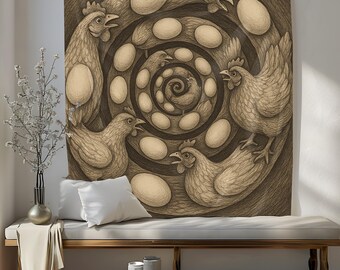 Spiral Chicken & Egg Tapestry: Surreal Farmhouse Wall Art