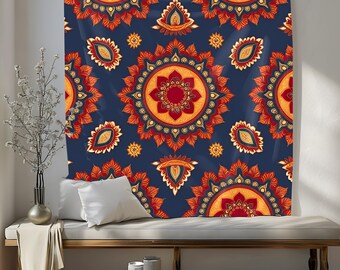 Puede incluir: Un tapiz con un patrón repetitivo de diseños florales naranja, rojo y amarillo sobre un fondo azul oscuro.