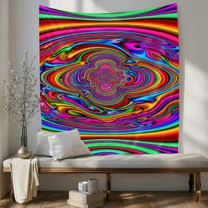 Puede incluir: Un tapiz psicodélico con un patrón de rayas coloridas y círculos concéntricos que se arremolinan. Los colores son vibrantes e incluyen rojo, naranja, amarillo, verde, azul, morado y rosa.