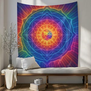 Sacred Geometry Mandala Tapestry, Colorful Rainbow Wall Art For Meditation Room Or Dorm, Trippy Spiritual Gift For Her Or Him