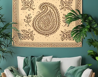 Boho Paisley Wall Tapestry in Beige and Brown – Vintage Floral Textile Art for Bedroom, Living Room, or Meditation Space
