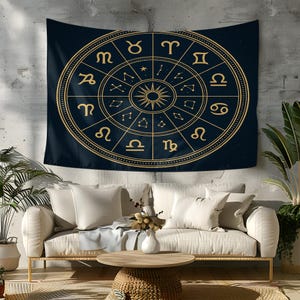 Tapisserie dorée du signe du zodiaque avec constellations astrologiques – Décoration murale bohème céleste pour les amateurs d'astrologie et les espaces spirituels