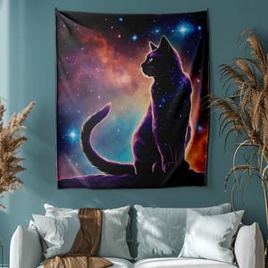 Galactic Cat Tapestry - Cosmic Nebula Kitty Wall Hanging - Mystical Celestial Decor - Space Themed Cat Art - Astrology Zodiac Wall Tapestry