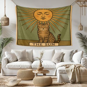 The Sun Cat Tapestry – Tarot-Inspired Wall Hanging, Mystical Boho Cat Wall Art, Celestial Decor for Bedroom, Dorm or Meditation Space