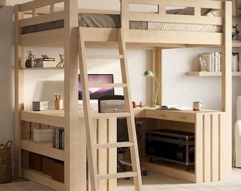 Full Size Loft Bed Plans with Desk and Storage – DIY Space Saving Bed Frame PDF Digital Download