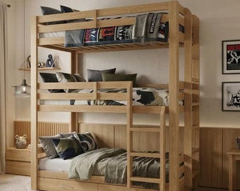 Triple Bunk Bed with Drawers Plans – Kids Bedroom Furniture DIY. Twin Size (PDF Download)