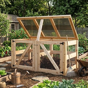 May include: A wooden compost bin with two compartments and a hinged, translucent lid. The structure features wire mesh panels, diagonal support beams, and black metal hinges. It is positioned in a garden setting with a wheelbarrow nearby.