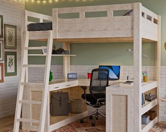 Loft Bed Plans with Desk and Storage – DIY Space Saving Bed Frame PDF Digital Download