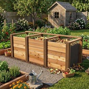 Peut inclure: Un bac à compost en bois à trois compartiments avec des lattes horizontales et des côtés en treillis métallique, situé dans un jardin. La structure présente une conception ouverte sur le dessus, permettant de collecter les déchets organiques.