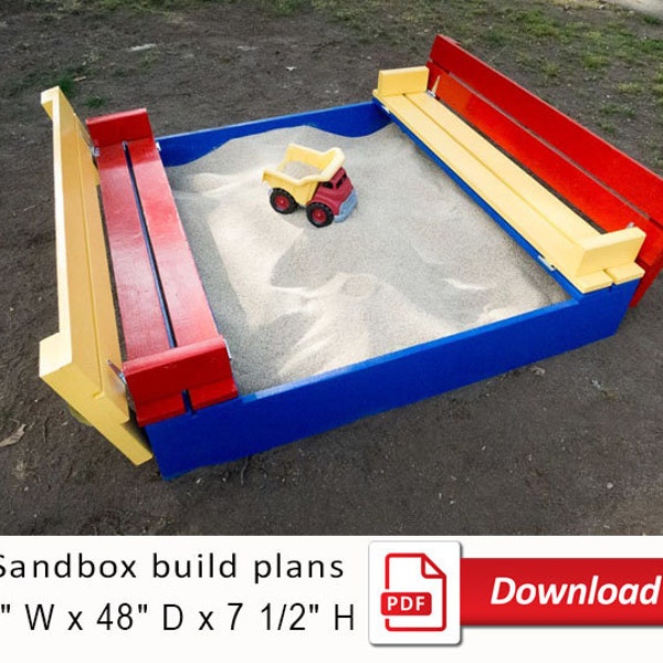 Sand box build plan. Sandbox with bench plan. Sandbox with Cover DIY plan. Outdoor playground equipment plan