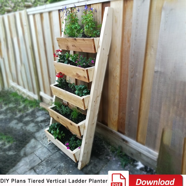 Tiered vertical ladder planter box PDF plans.  DIY plans for planter box for Garden Plants, Herbs, Vegetables