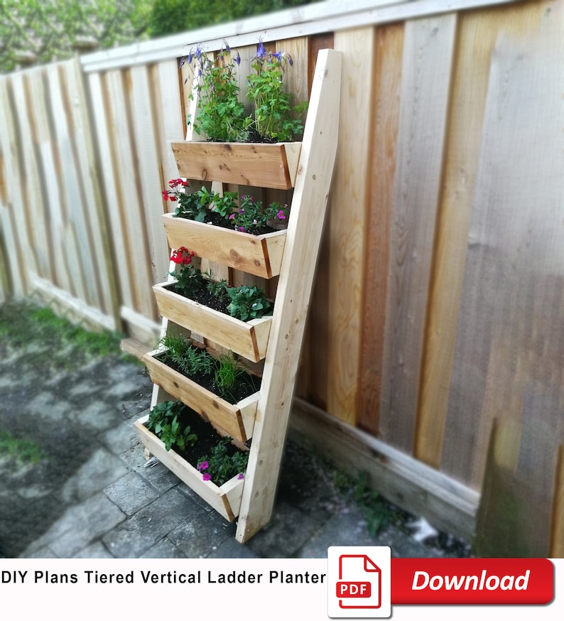 Gelaagde verticale ladder plantenbak PDF-plannen. DIY-plannen voor plantenbak voor tuinplanten, kruiden, groenten afbeelding 1