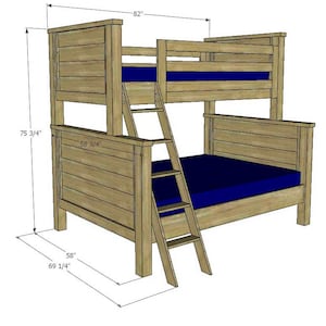 May include: A wooden bunk bed with a ladder, measuring 82 inches tall, 75 3/4 inches long, and 69 1/4 inches wide. The bed has a blue mattress on the bottom bunk and a blue mattress on the top bunk.