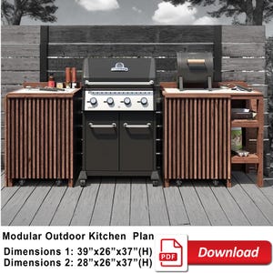 Modulair plan voor buitenkeuken | Kasten met planken en lades bouwen | Eenvoudig doe-het-zelfproject | Aanpasbaar pdf-plan keuken