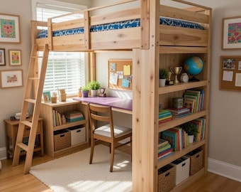 Łóżko piętrowe z biurkiem, schowkiem i regałem – plany DIY – rozmiar dwuosobowy (do pobrania w formacie PDF)