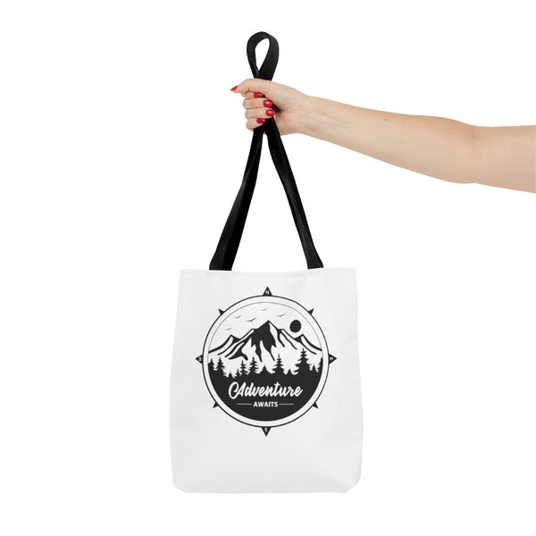 Adventure Awaits Tote Bag - weekend vibes, take a few things along essentials and goodies. Be prepared and ready to go.