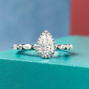 Pear Cut Lab Grown Diamond Halo Engagement Ring: 14k Gold Pave Band