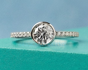 Bezel Set Lab Grown Diamond Ring: Round Cut White Gold Engagement Ring