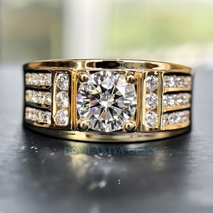 Men&#39;s Statement Ring Round Cut Lab Grown Diamond Vintage Engagement Ring Certified Diamond Wedding Ring Anniversary Gift For Him Gold Ring