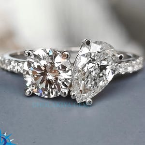 Lab Grown Diamond Two Stone Ring Lab Diamond Engagement Ring Pear & Round Diamond Ring Toi Et Moi Ring Vintage Diamond Wedding Ring For Her